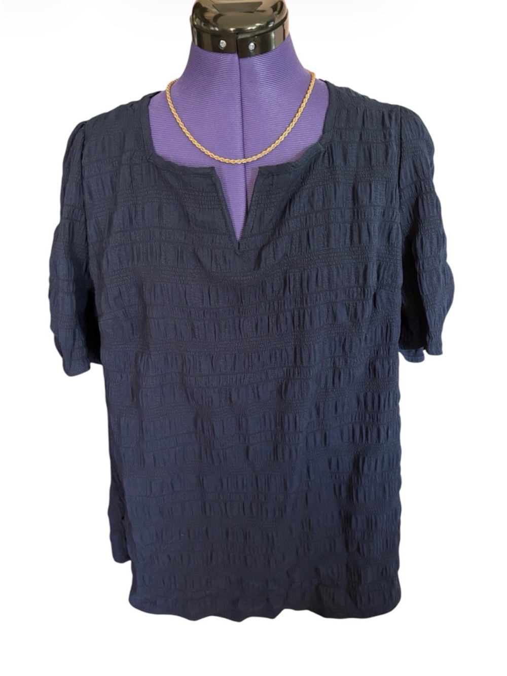 BloomChic Blouse Textured Split-Neck Navy Women’s Large